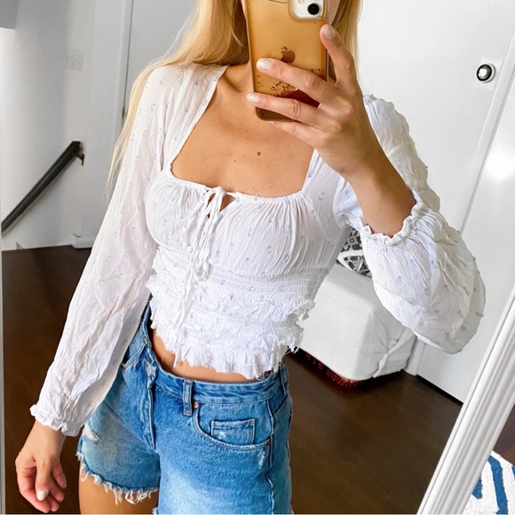 🐚 REBELLION BOHO WHITE BLUE DOTTED STRING LONG SLEEVE LAYERED RAW HEM CROP TOP! - Picture 2 of 12